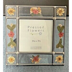 VTG Leaded Glass Picture Frame, Embedded Dried Pressed Flowers for 3.5x3.5 Photo